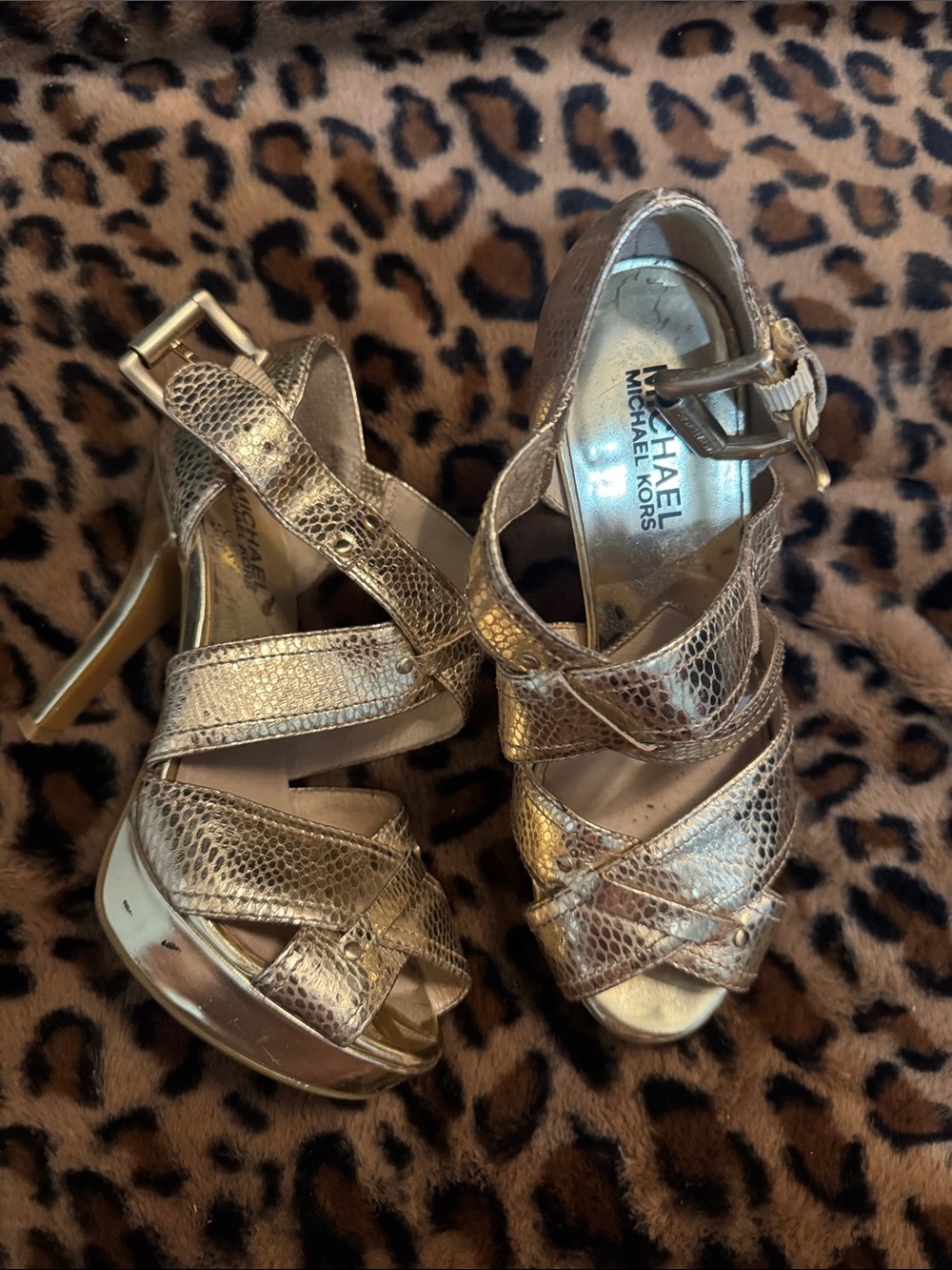 Michael Kors Metallic Gold Snake-Embossed Strappy Heels